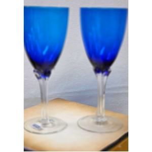 Two Murano Cobalt Blue Wine Glasses Ribbed Stem  8" Tall